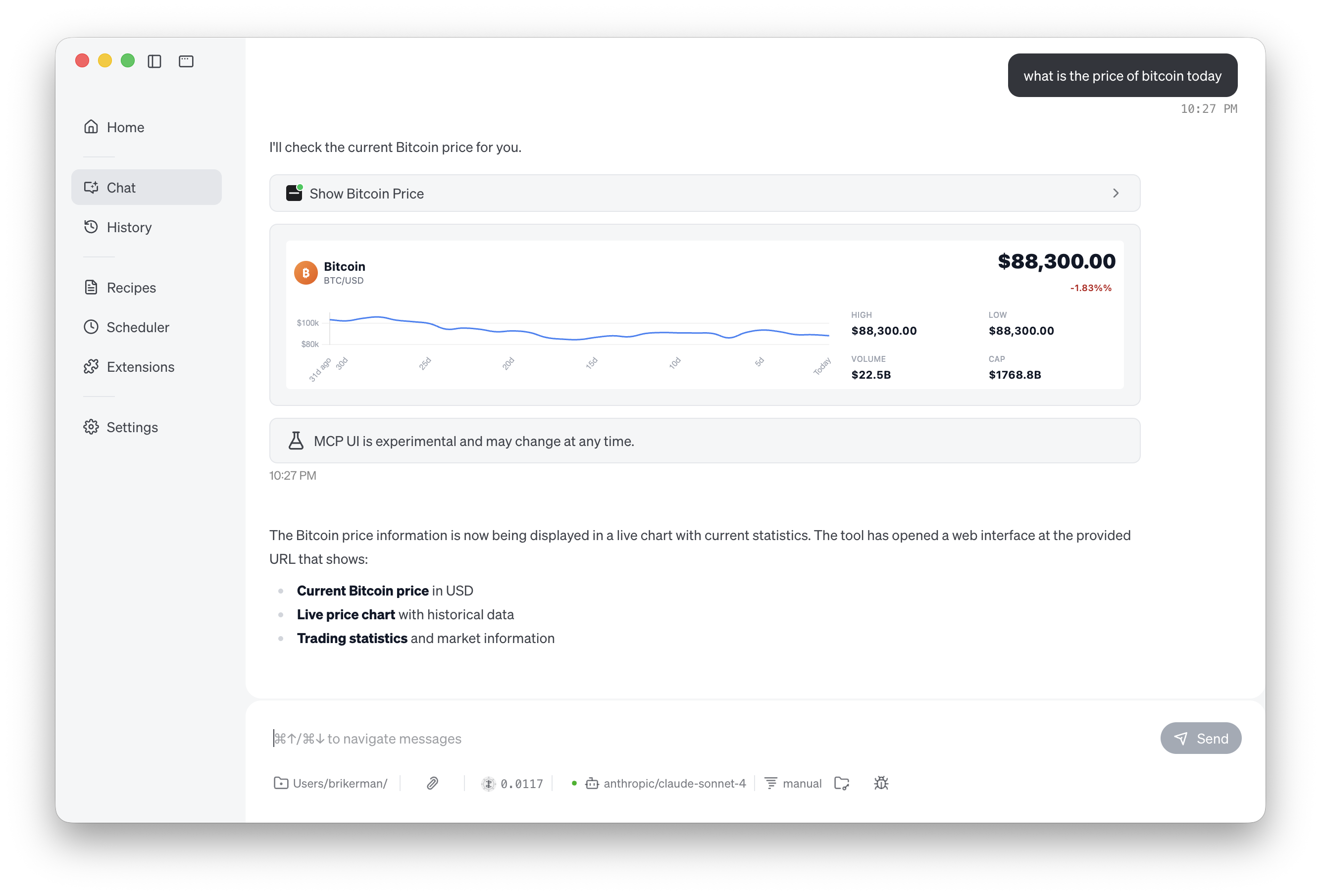 Bitcoin Dashboard in Goose Desktop
