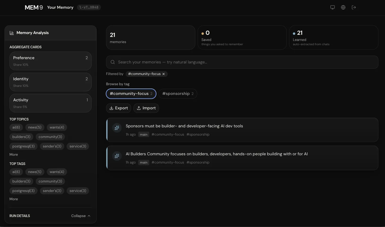mem9 memory dashboard