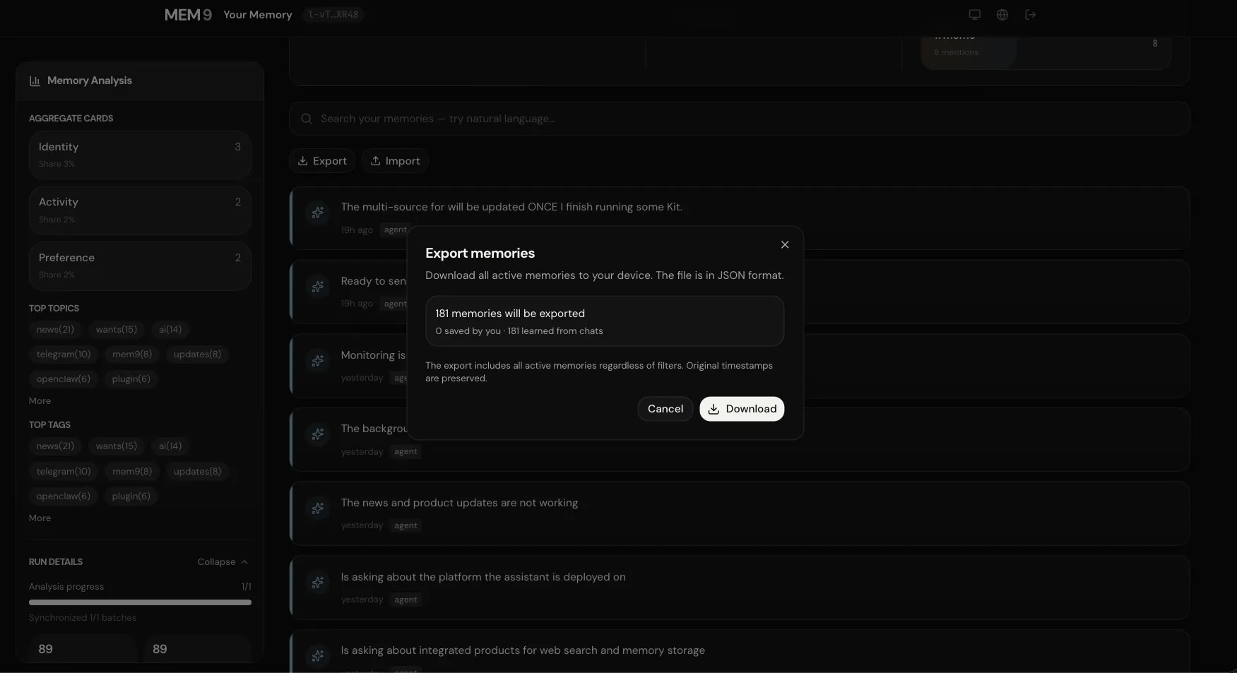 mem9 export memories