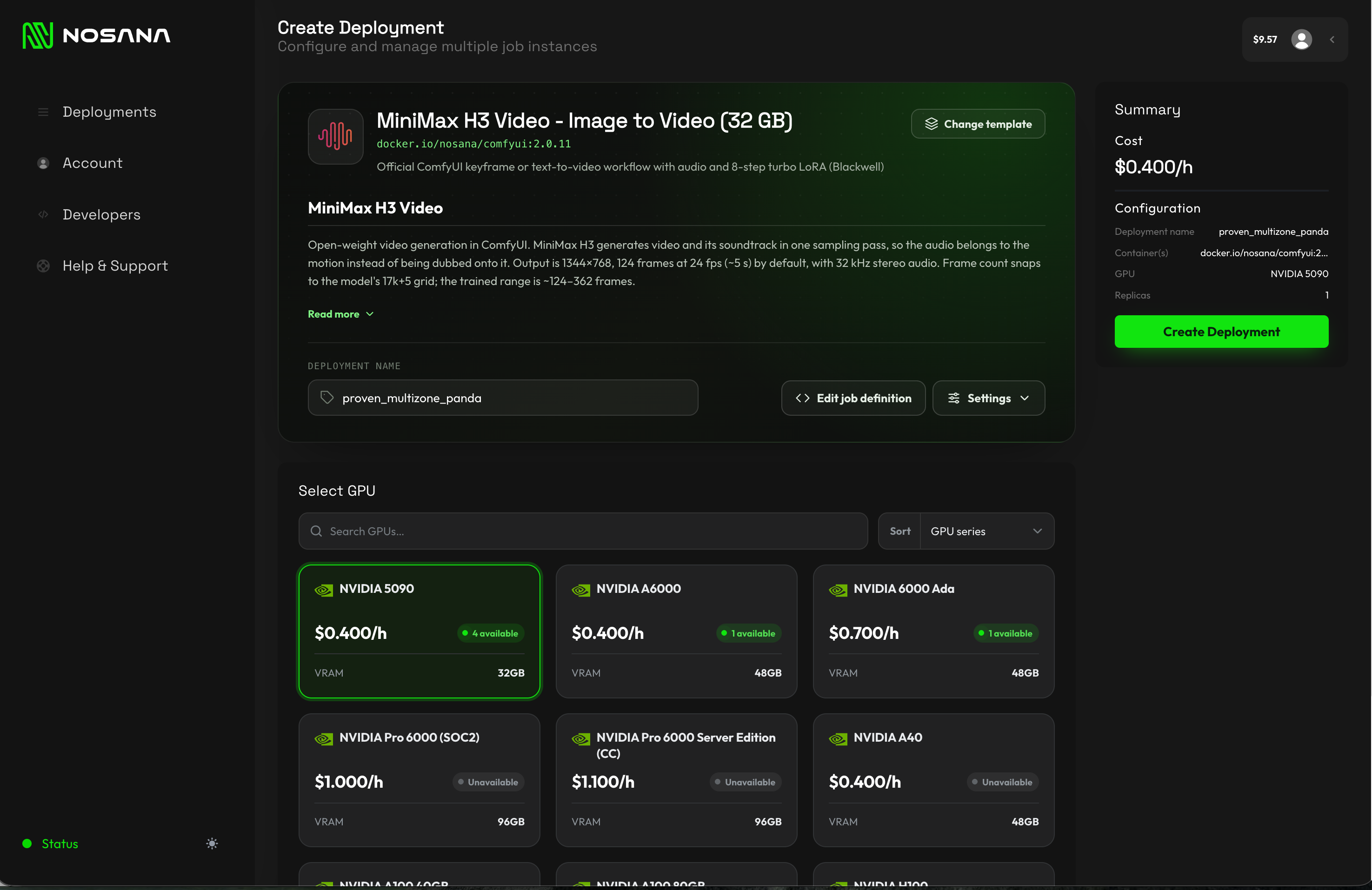 Nosana MiniMax H3 deployment template with an NVIDIA 5090 selected