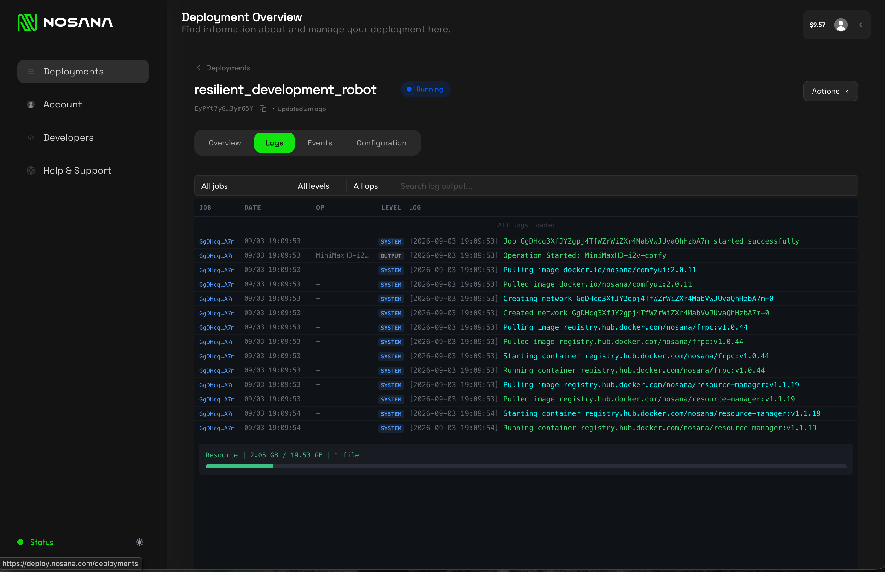 Nosana deployment logs showing the ComfyUI container and H3 resource download