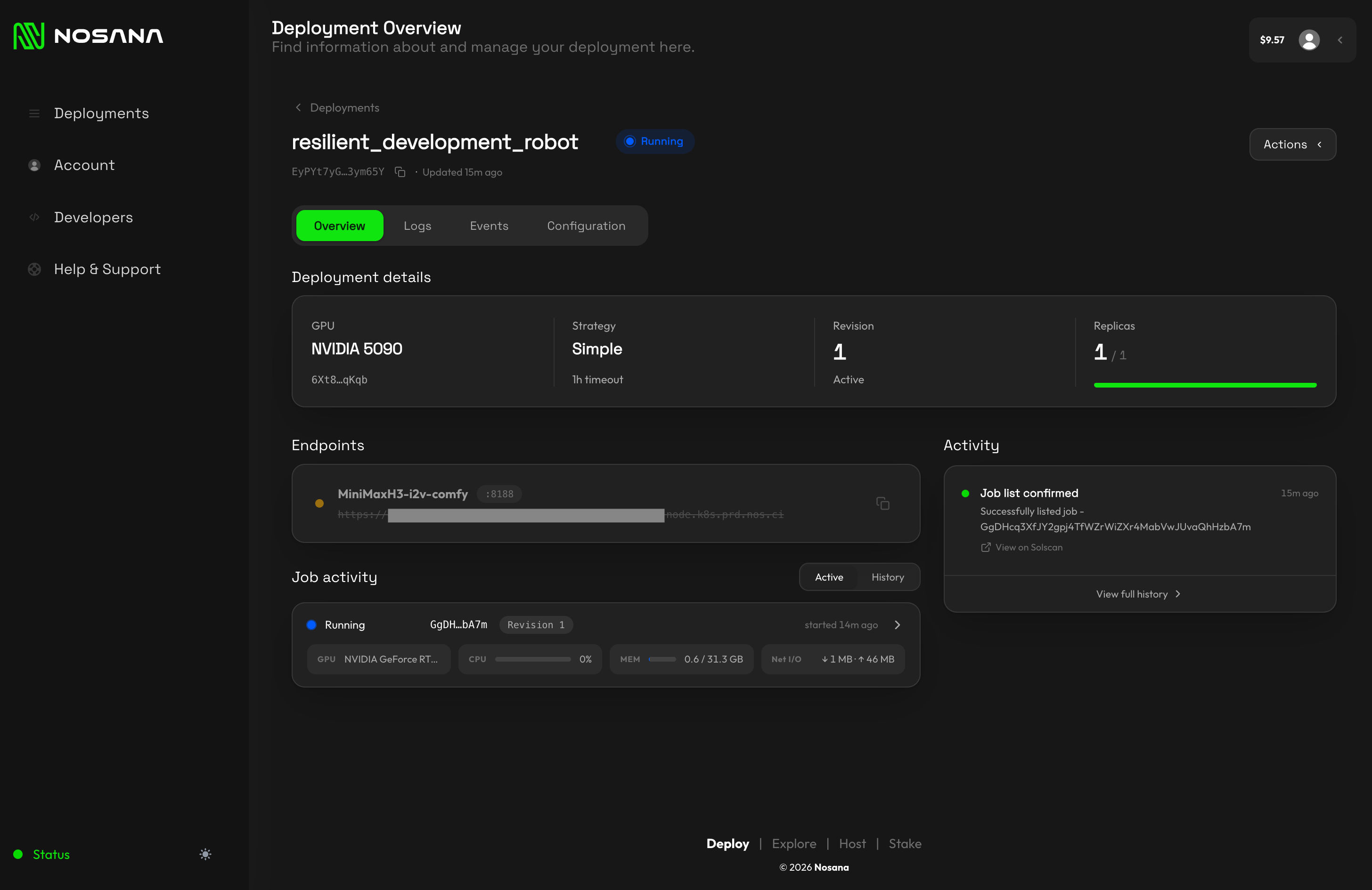 Running Nosana deployment with the ComfyUI endpoint on port 8188