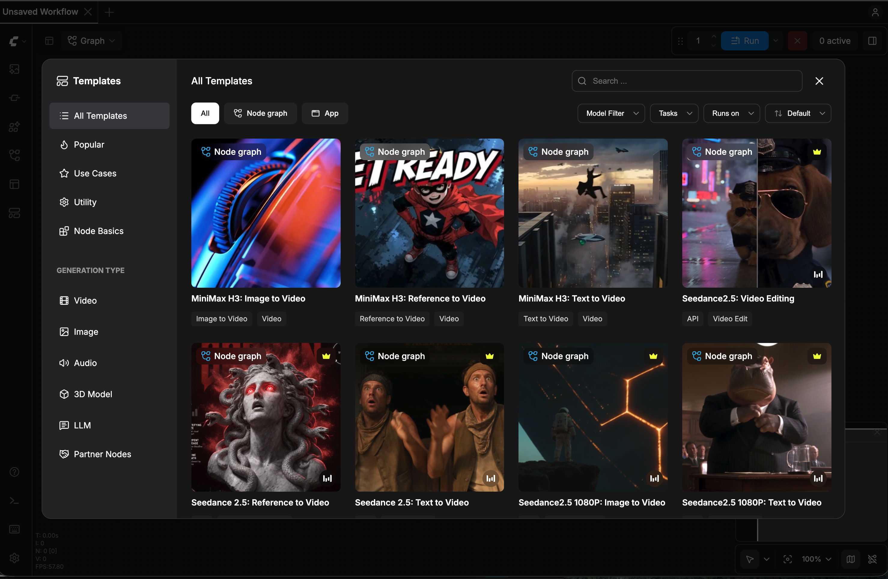 ComfyUI template browser with MiniMax H3 Text to Video visible