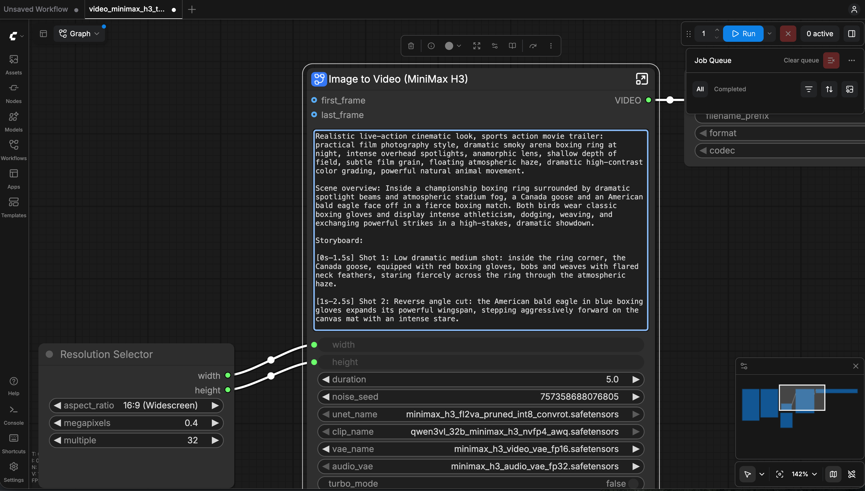 MiniMax H3 node with the cinematic boxing prompt and five-second settings