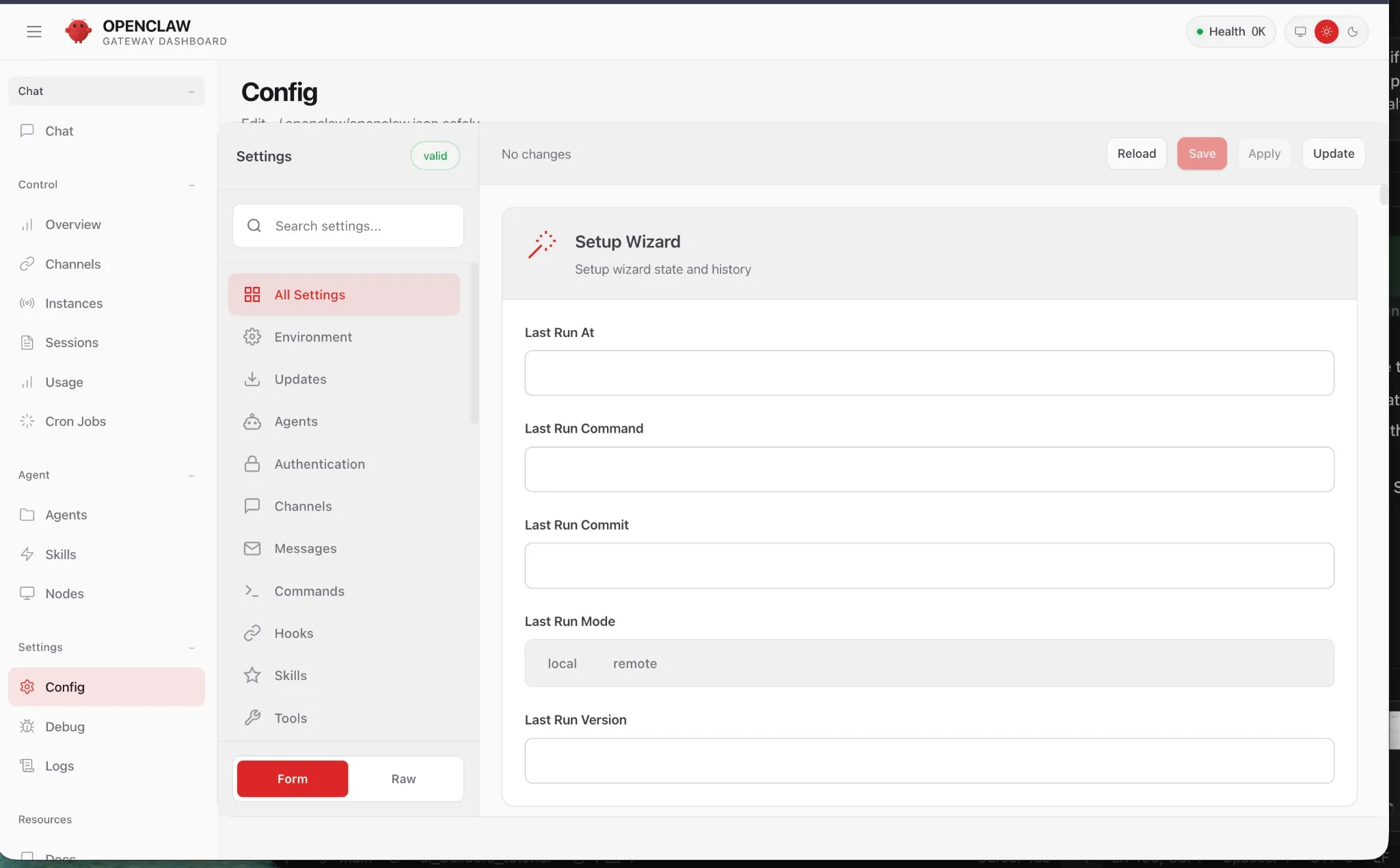 Config — Full JSON config editor and settings form