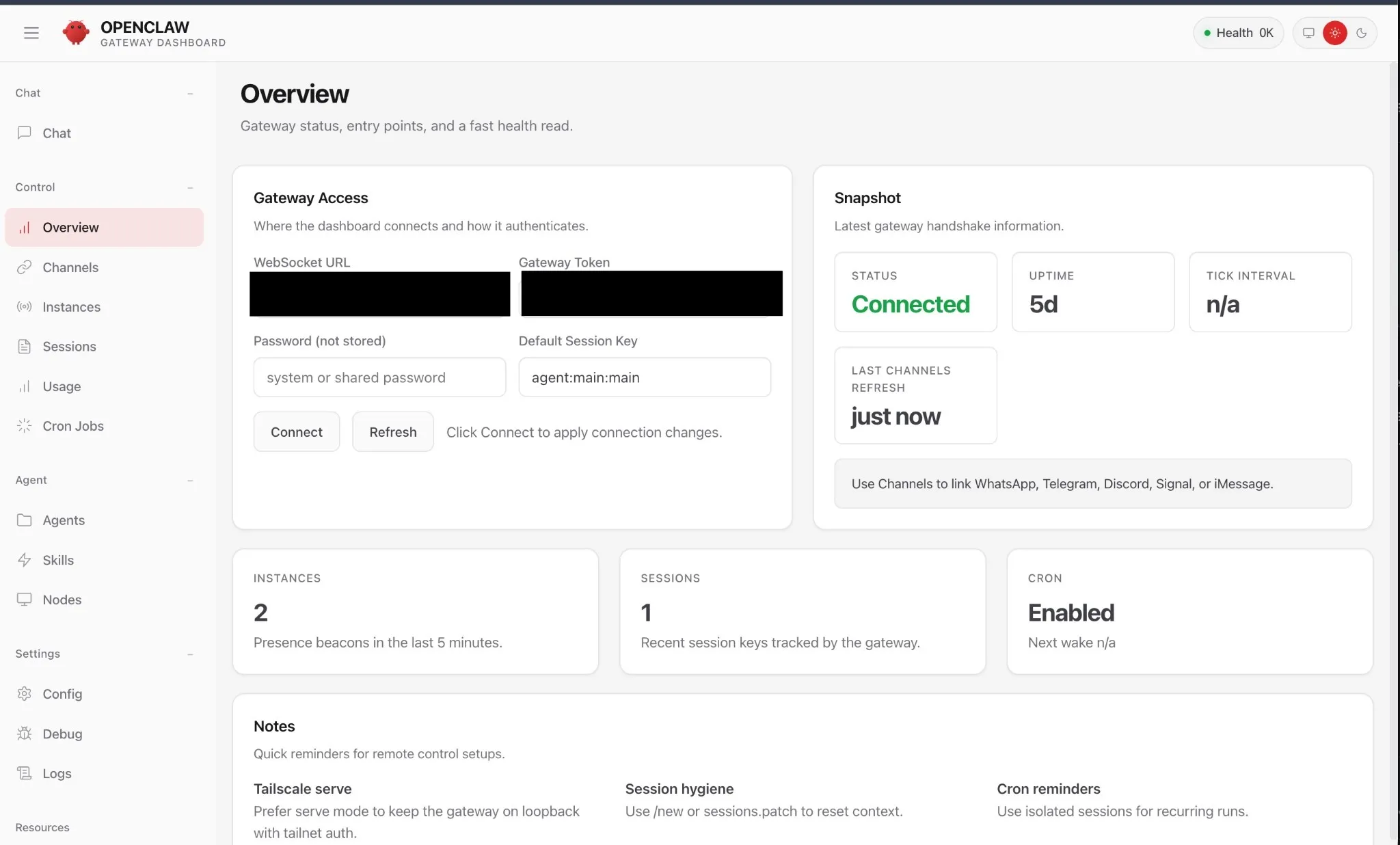 Overview — Gateway status, entry points, and health