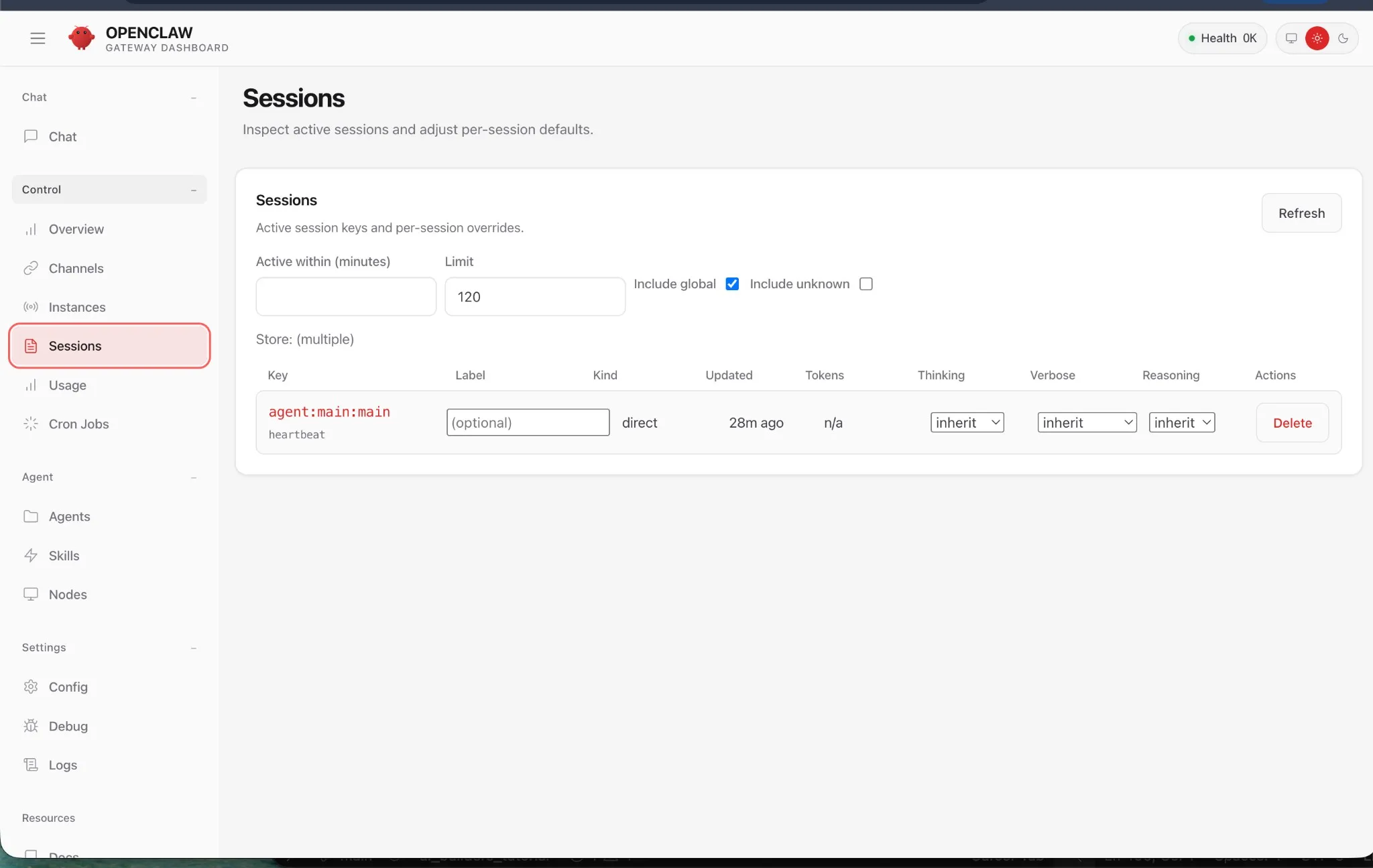 Sessions — Inspect active sessions and adjust per-session defaults