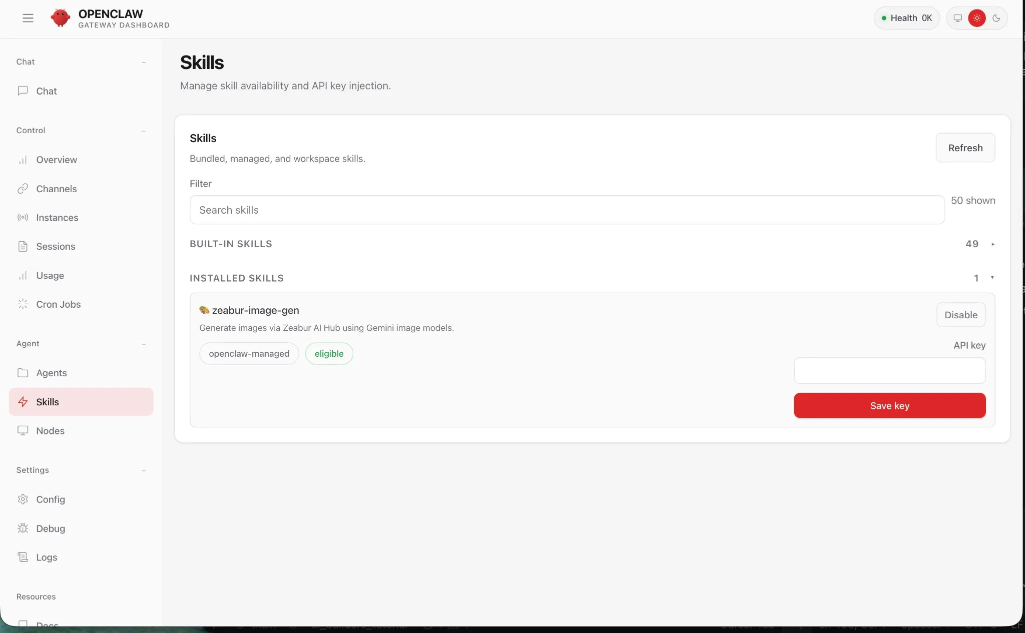Skills — Manage skill availability and API key injection
